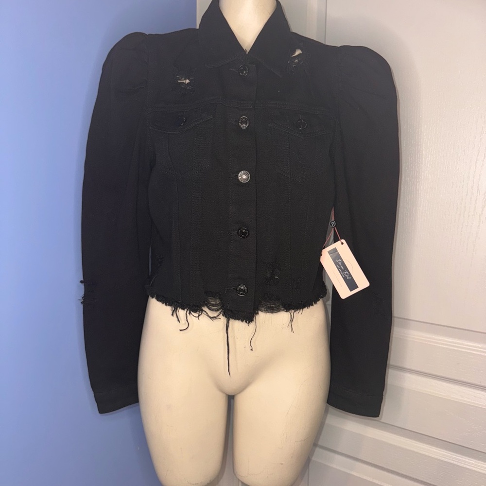 Denim Blvd black distressed Jean Jacket with puff sleeves size L